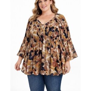 Boho Floral Pleated Bell Sleeve Babydoll Tunic Top 2X Spense